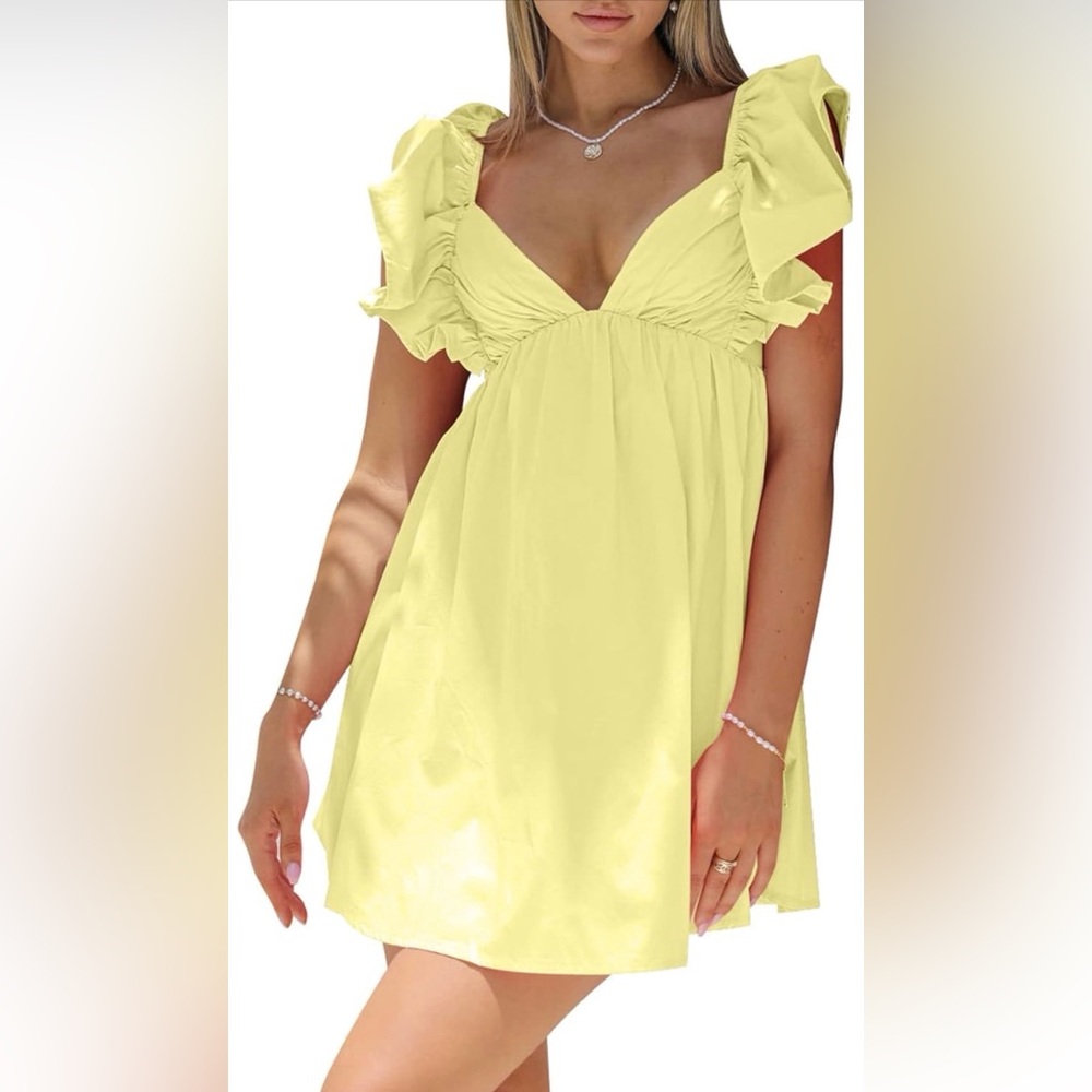 Yellow Ruffle Cotton Sleeveless V-Neck Mini Dress with Bow